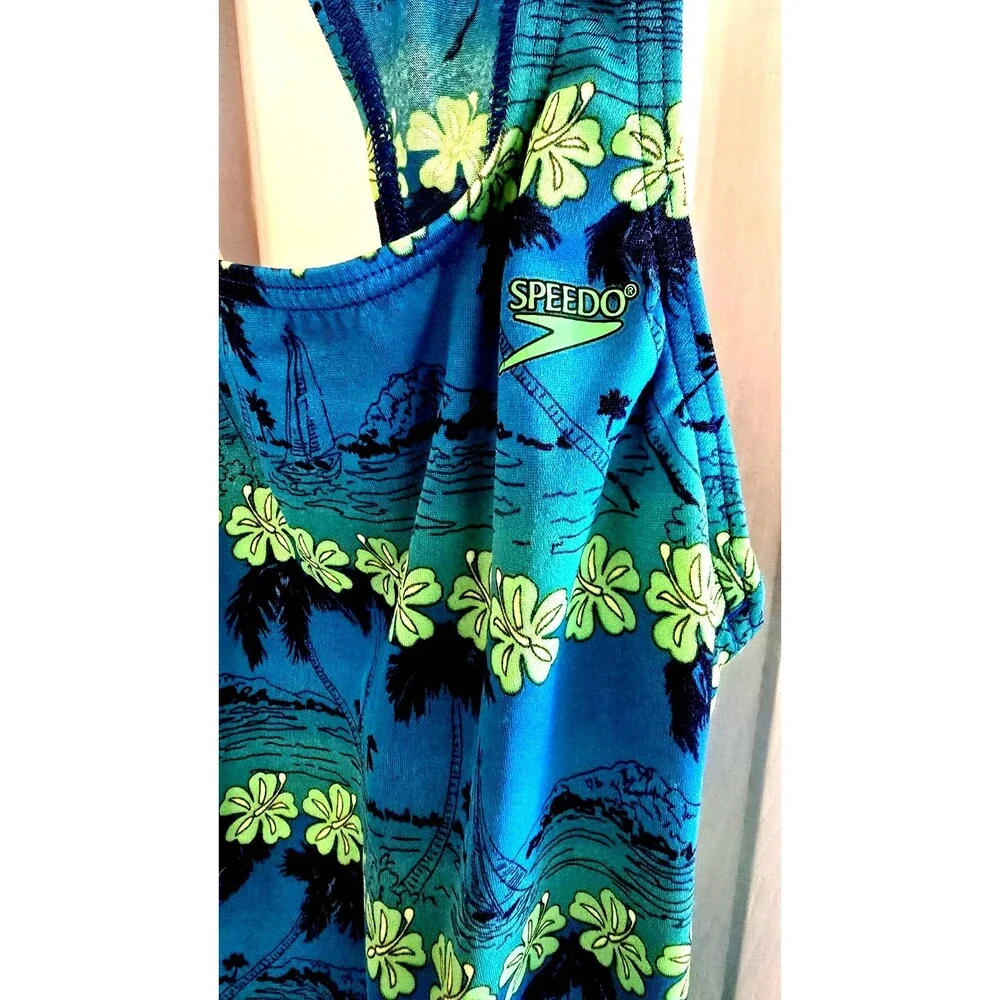Speedo 1 Piece Swimsuit Girls 12 Floral Blue Green Racerback Athletic VTG Sporty